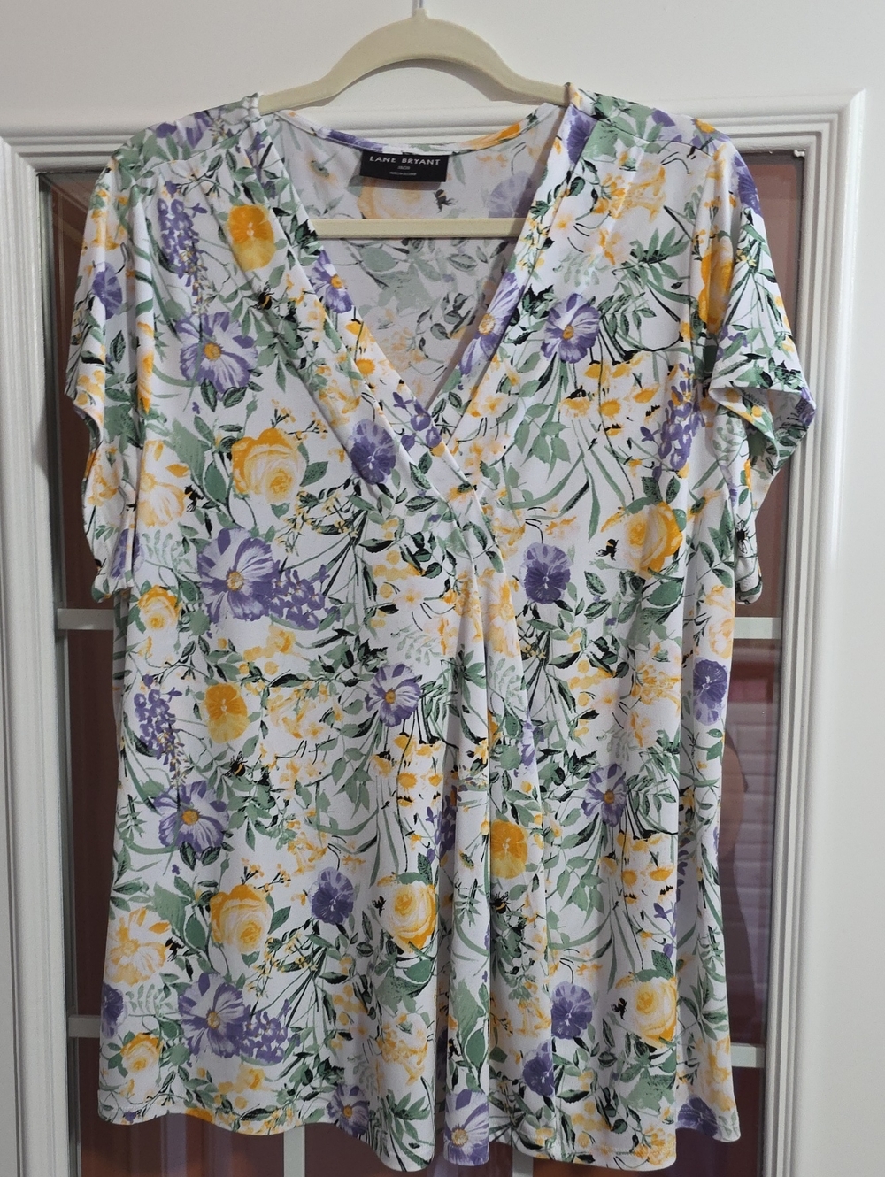 Lane Bryant White Floral Surplice Tunic with Yellow & Purple Blooms